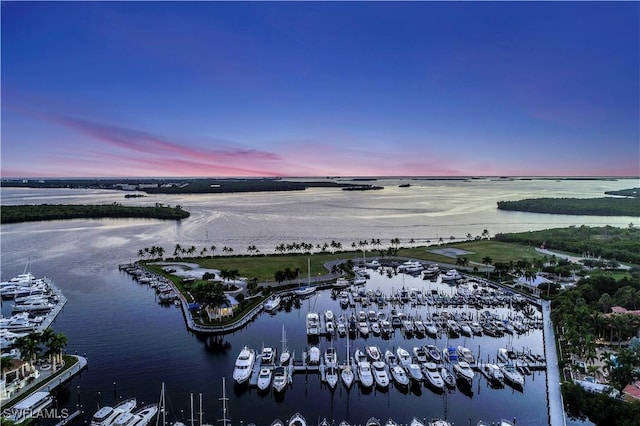 aerial view at dusk with a water view