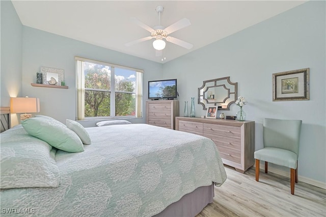 bedroom with light wood-type flooring and ceiling fan