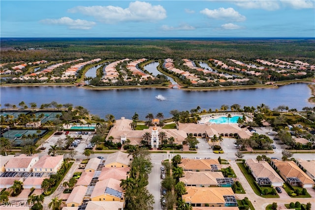 aerial view with a water view and a residential view