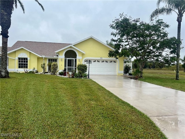 ranch-style house featuring a garage and a front lawn