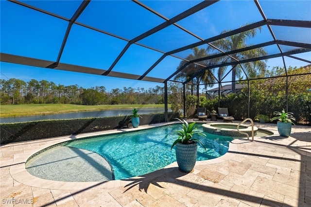 view of swimming pool with a patio, a water view, an in ground hot tub, and glass enclosure