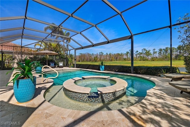 view of pool featuring an in ground hot tub, glass enclosure, and a patio