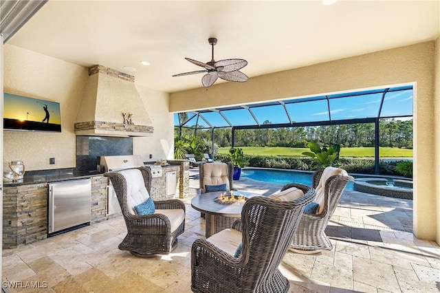 12735 Kingsmill Way, Fort Myers, FL 33913 - view of patio / terrace with an in-ground hot tub, area for grilling, glass enclosure, an outdoor pool, and an outdoor fire pit