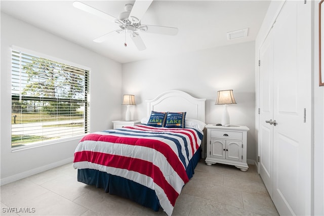 bedroom featuring ceiling fan and a closet