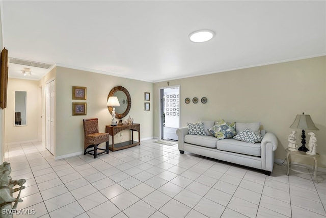 tiled living room featuring ornamental molding