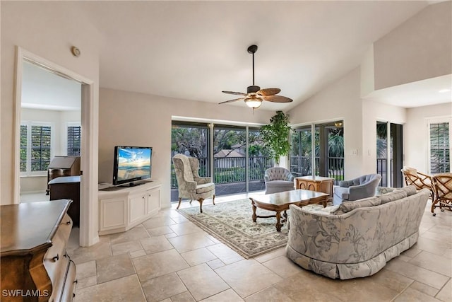 living room with vaulted ceiling and ceiling fan