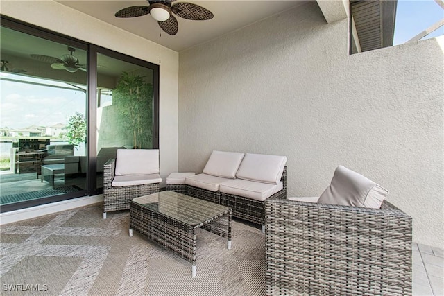 view of patio featuring ceiling fan and an outdoor hangout area