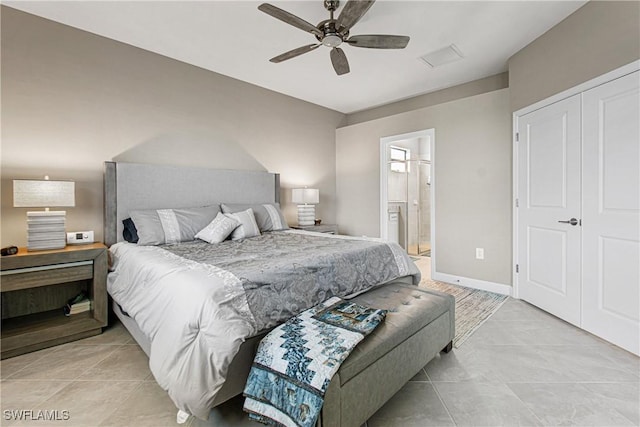 bedroom featuring ceiling fan, connected bathroom, and a closet