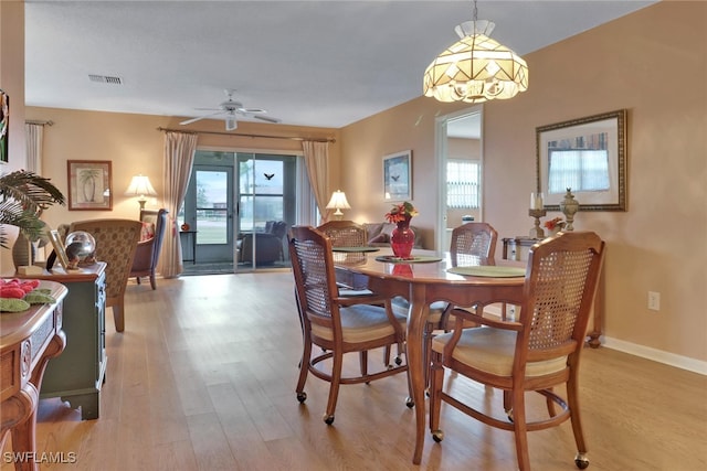 dining area with ceiling fan and light wood-type flooring