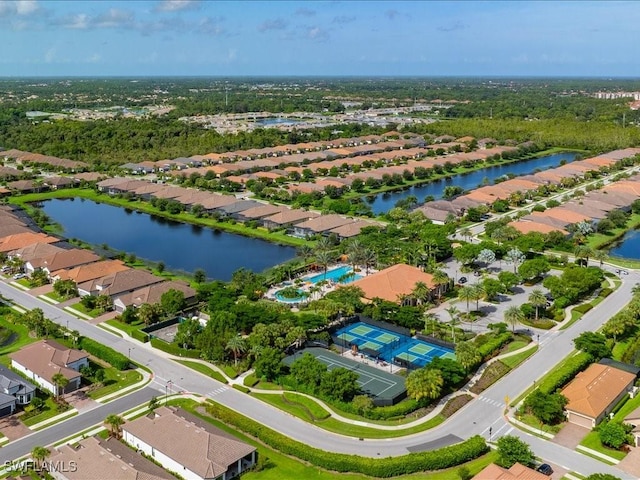 drone / aerial view with a water view