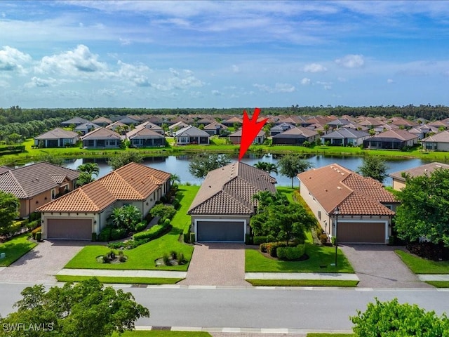 aerial view featuring a water view