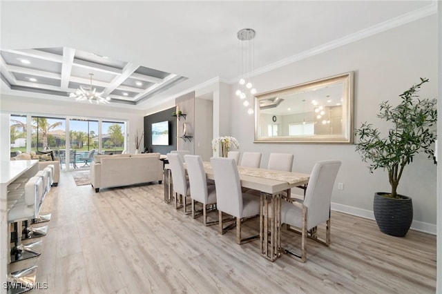 dining room with ornamental molding, coffered ceiling, a notable chandelier, and light hardwood / wood-style flooring