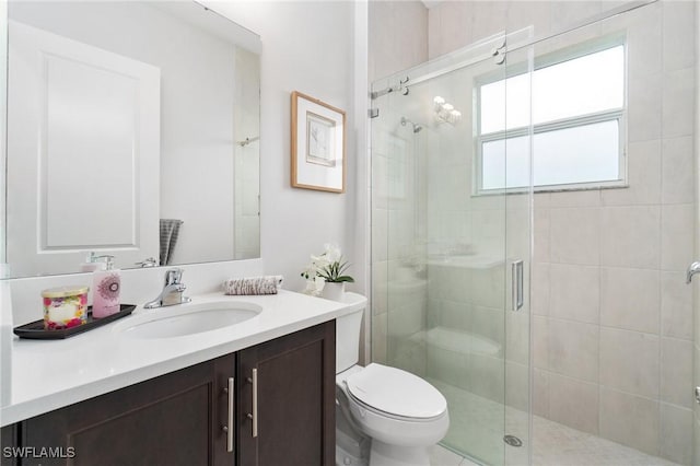 full bathroom featuring toilet, a stall shower, and vanity