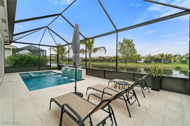 view of swimming pool featuring a water view, pool water feature, a patio area, and glass enclosure