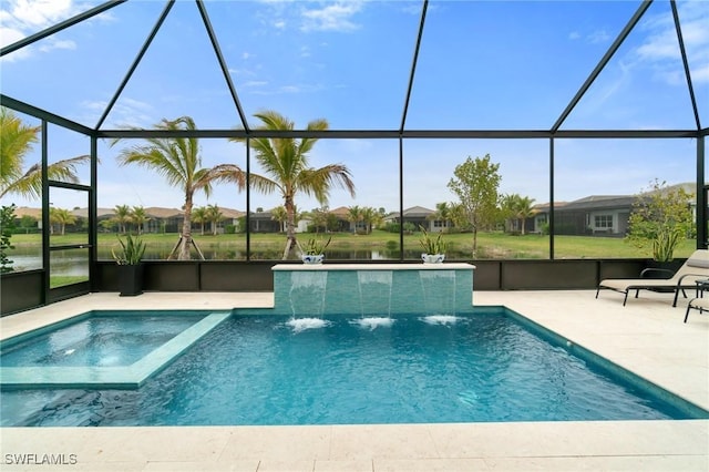 view of pool featuring a water view, pool water feature, a lanai, and a patio