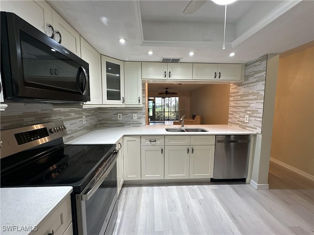 kitchen with decorative backsplash, sink, a tray ceiling, and stainless steel appliances