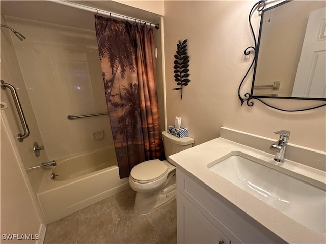 full bathroom with toilet, shower / bath combination with curtain, and vanity