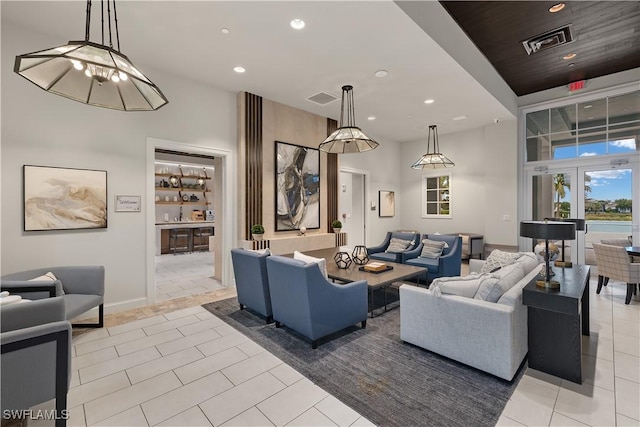 living room featuring light tile patterned flooring