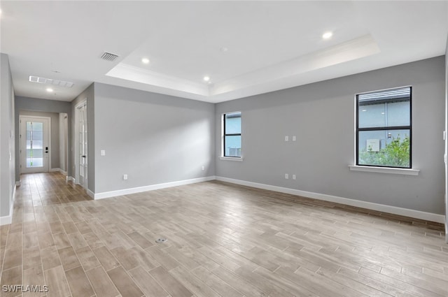 spare room featuring a healthy amount of sunlight and a tray ceiling