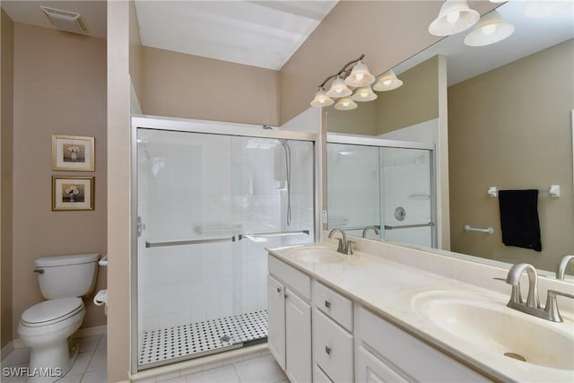 full bathroom featuring double vanity, a shower stall, visible vents, and a sink