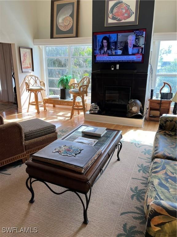 living room with a large fireplace and light wood-type flooring