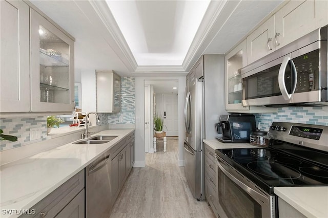 kitchen with backsplash, sink, a tray ceiling, light hardwood / wood-style flooring, and appliances with stainless steel finishes