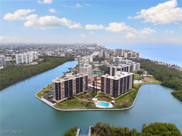 birds eye view of property featuring a water view