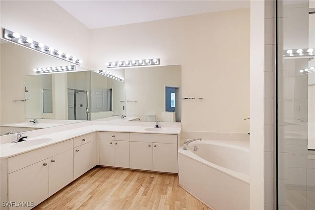 bathroom featuring wood finished floors, a bath, vanity, and a shower with door
