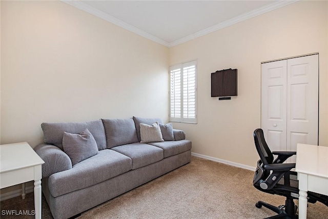 carpeted office space featuring ornamental molding and baseboards