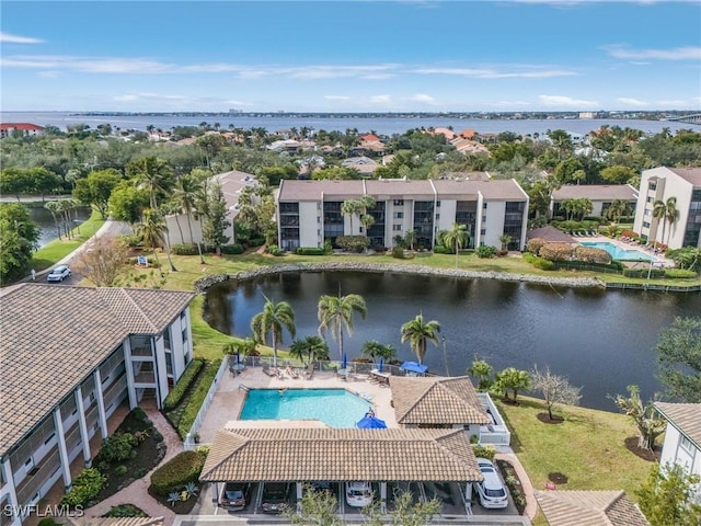 aerial view featuring a water view