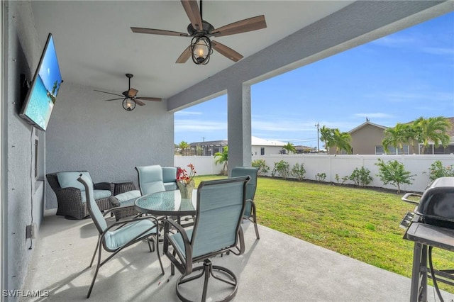 view of patio featuring ceiling fan and area for grilling