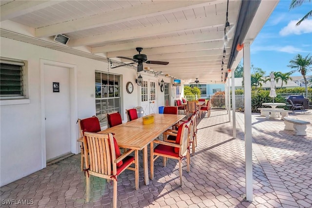 view of patio / terrace with ceiling fan and exterior bar