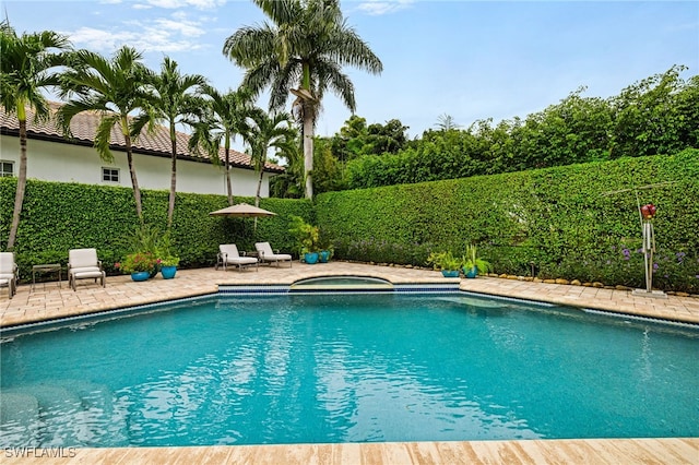 view of swimming pool featuring an in ground hot tub and a patio area