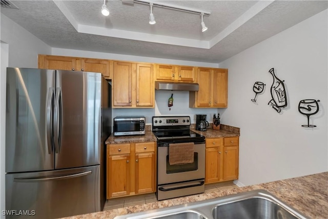 kitchen with sink, light tile patterned floors, a raised ceiling, and stainless steel appliances