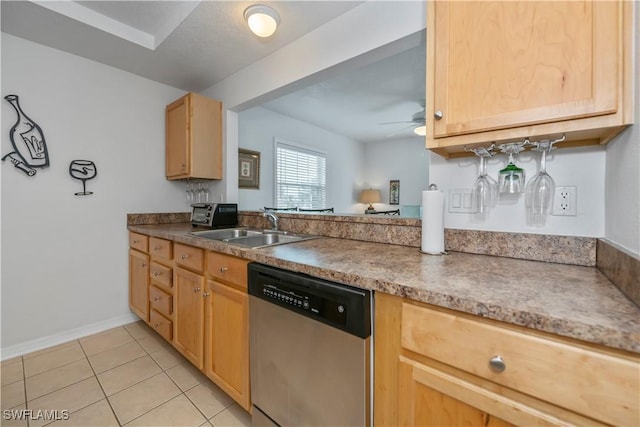 kitchen with ceiling fan, stainless steel dishwasher, sink, light tile patterned flooring, and light brown cabinets