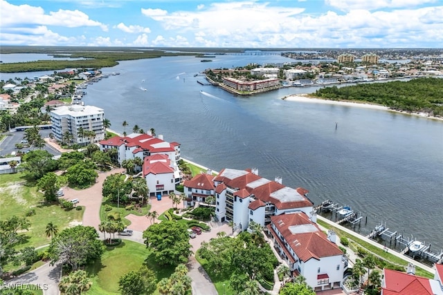 bird's eye view with a water view