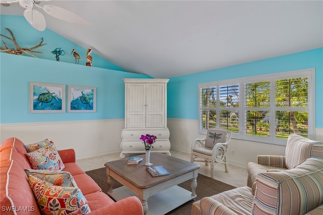 living room with lofted ceiling and ceiling fan