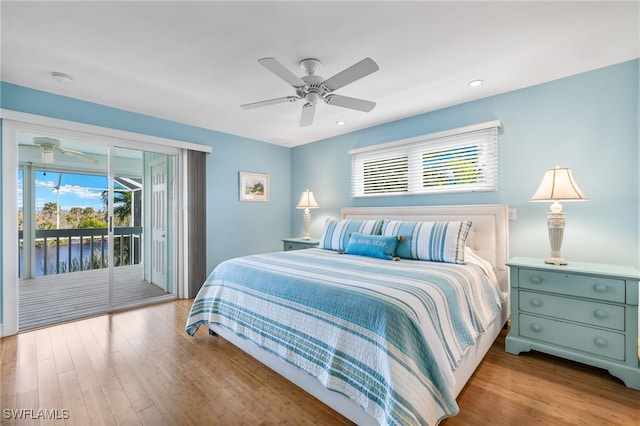 bedroom featuring ceiling fan, access to exterior, and light wood-type flooring