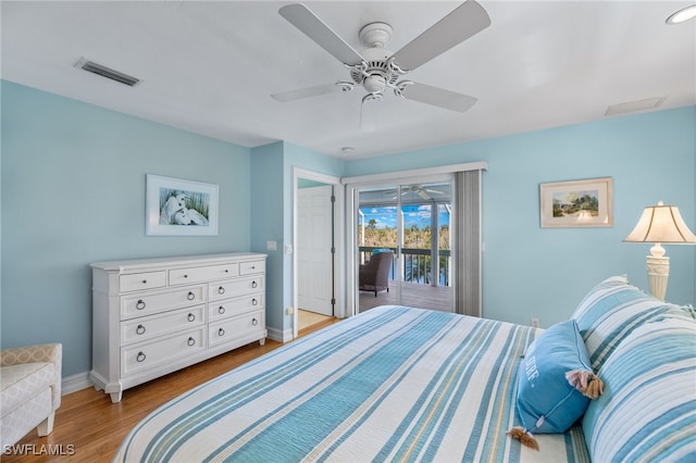 bedroom with access to outside, ceiling fan, and light hardwood / wood-style flooring