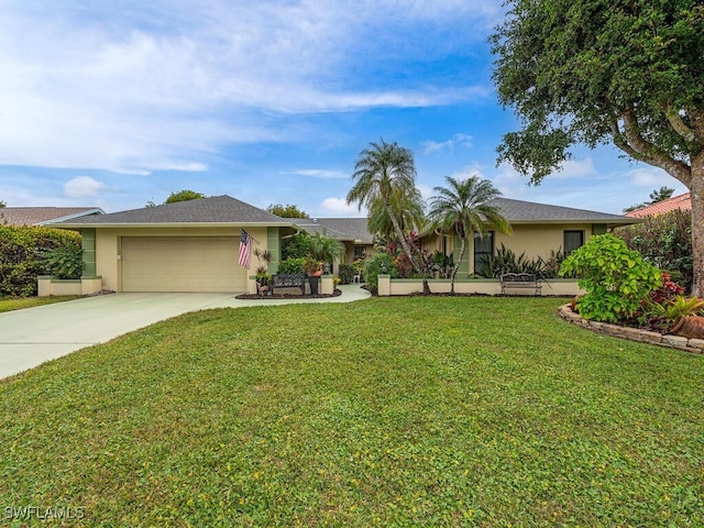 ranch-style home with a garage and a front yard