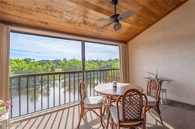 sunroom featuring wooden ceiling, a water view, vaulted ceiling, and ceiling fan