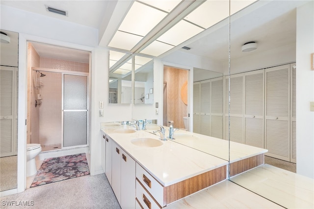 bathroom with vanity, toilet, and a shower with shower door