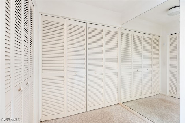 interior space featuring carpet flooring and two closets