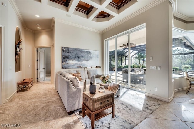 living room featuring ornamental molding, coffered ceiling, light tile patterned floors, and a wealth of natural light