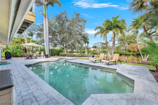 view of pool featuring a patio and an in ground hot tub