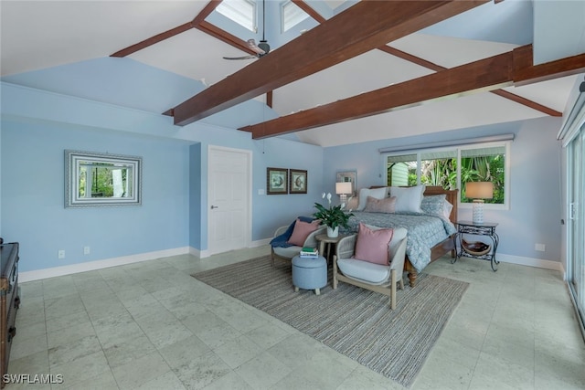 bedroom featuring lofted ceiling with beams and multiple windows