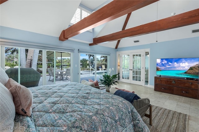 bedroom with multiple windows, access to outside, high vaulted ceiling, and french doors