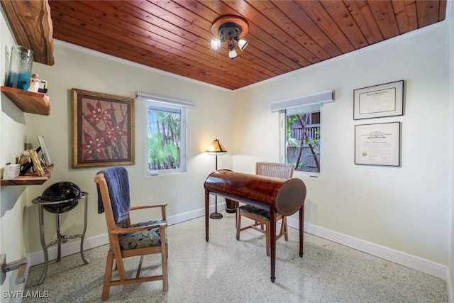 home office with wooden ceiling