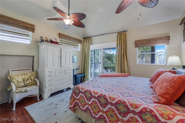 bedroom featuring dark wood-type flooring, access to exterior, and ceiling fan