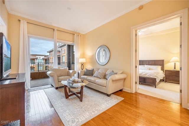 living room featuring crown molding and light hardwood / wood-style floors